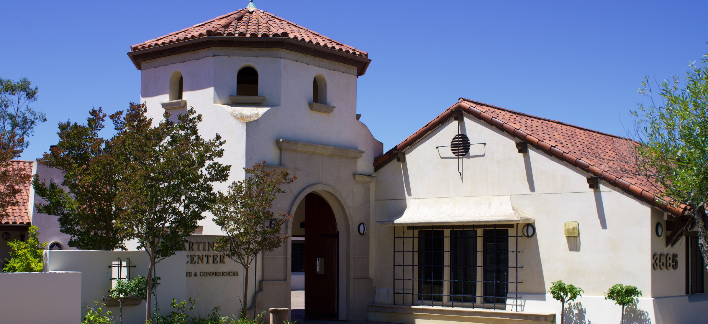 Mission-style entrance of the Martinelli Event Center in Livermore